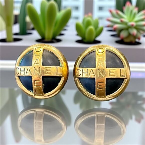 CHANEL Black and Gold Cross Button Earrings - Picture 1 of 7